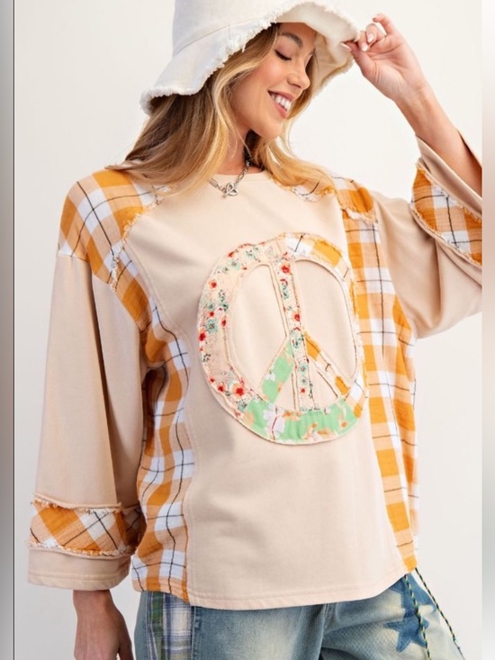 easel Tops - 402 small - 3X 🇺🇸 1-J EASEL PLUS SIZE-PEACE PATCH SOFT WASHED TERRY KNIT TOP